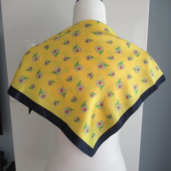 Vintage Italian Soft Silk Square Scarf Floral Yellow, Navy 22" x 22" *Flaw - Picture 4 of 10
